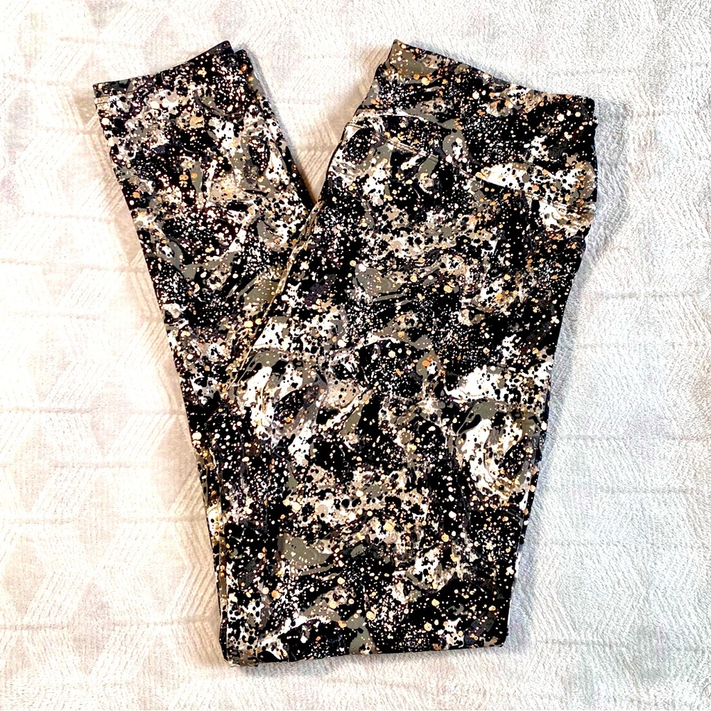 High Rise Leggings Splatter Gym Workout Stretch Skinny Black White Pink Rose